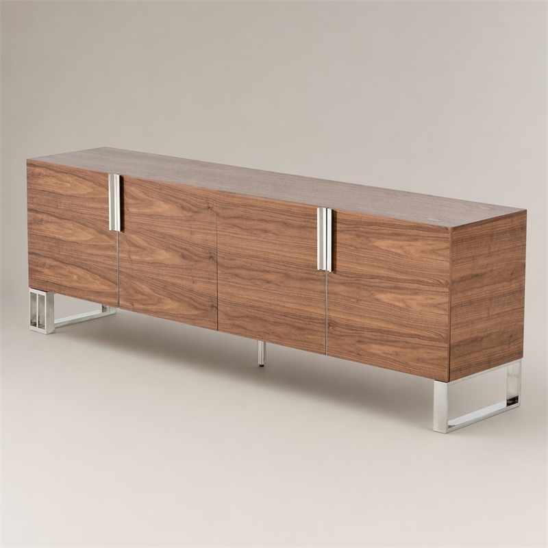Pemberly Row Walnut 4-Door Wood and Stainless Steel Buffet with Shelves