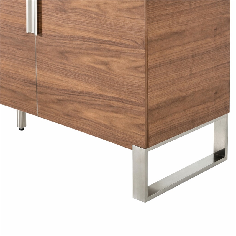Pemberly Row Walnut 4-Door Wood and Stainless Steel Buffet with Shelves