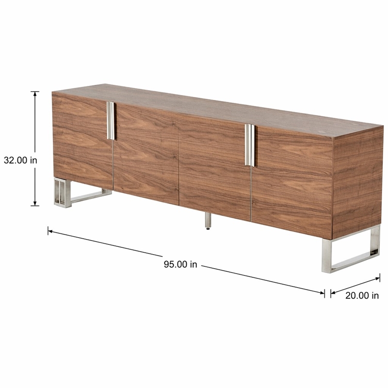 Pemberly Row Walnut 4-Door Wood and Stainless Steel Buffet with Shelves