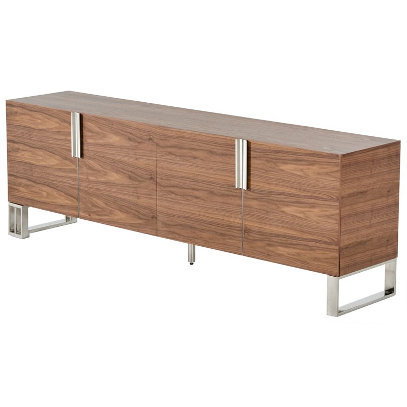 Pemberly Row Walnut 4-Door Wood and Stainless Steel Buffet with Shelves