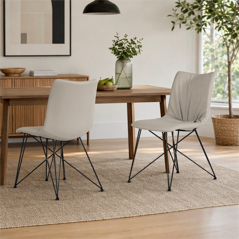 Pemberly Row Set of 2 Faux Leather Dining Chairs with Metal Base in Gray