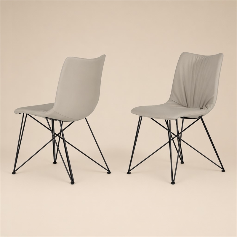 Pemberly Row Set of 2 Faux Leather Dining Chairs with Metal Base in Gray