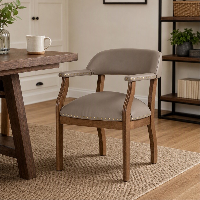 Pemberly Row Faux Leather Dining Chair in Taupe with Walnut Beechwood Frame