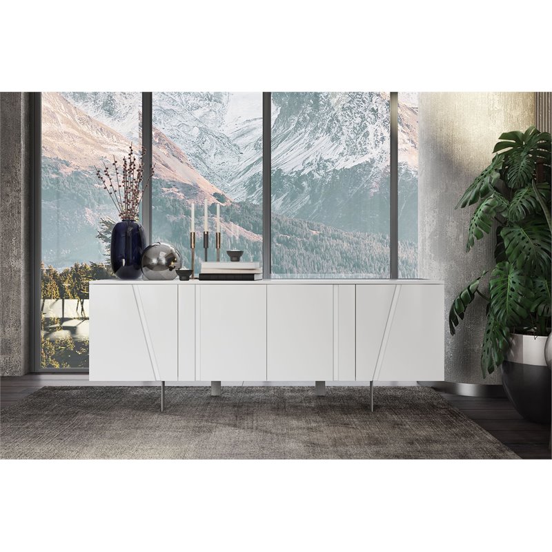 Pemberly Row 4-Door Buffet in White MDF Wood with Metal Legs