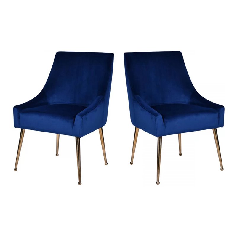Pemberly Row Set of 2 Modern Velvet Dining Chairs with Gold Accents in Blue