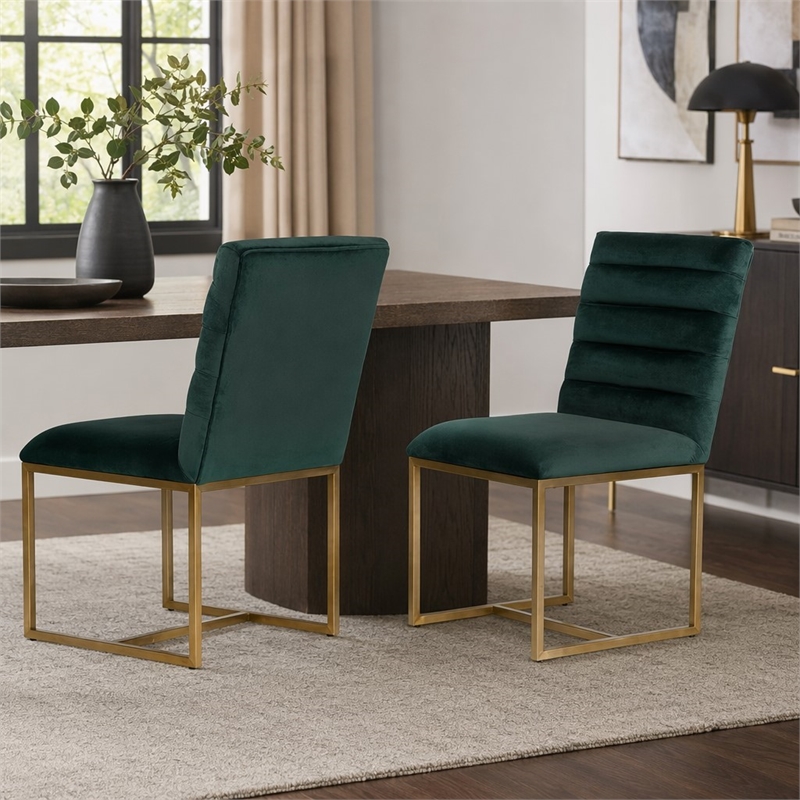 Pemberly Row Velvet Dining Chair in Green with Gold Metal Frame (Set of 2)