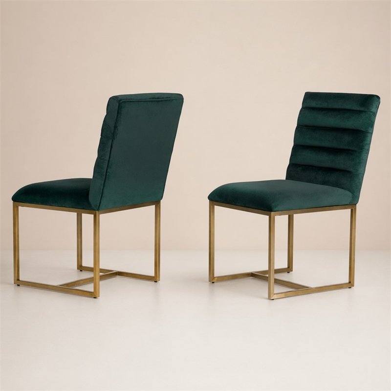 Pemberly Row Velvet Dining Chair in Green with Gold Metal Frame (Set of 2)