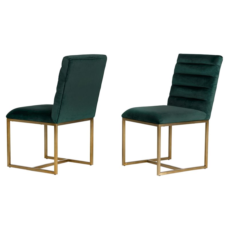 Pemberly Row Velvet Dining Chair in Green with Gold Metal Frame (Set of 2)