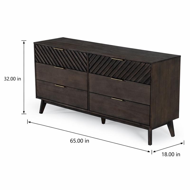 Pemberly Row Acacia Solid Wood Dresser with 6 Drawers in Dark Brown