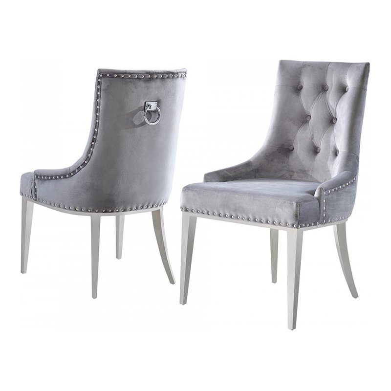 Pemberly Row Velvet Dining Chairs with Stainless Steel Legs in Gray (Set of 2)