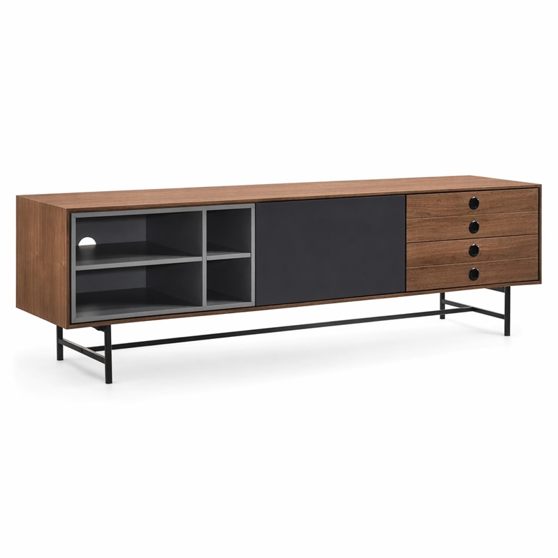 Pemberly Row Mid-Century Wood TV Stand with Drawers and Gray Compartments