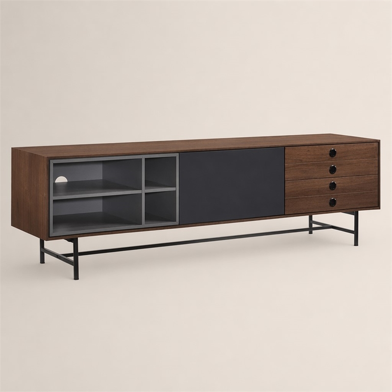 Pemberly Row Mid-Century Wood TV Stand with Drawers and Gray Compartments