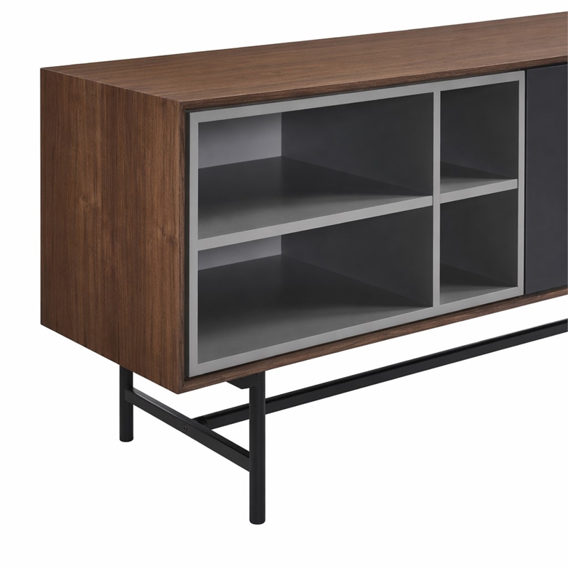 Pemberly Row Mid-Century Wood TV Stand with Drawers and Gray Compartments