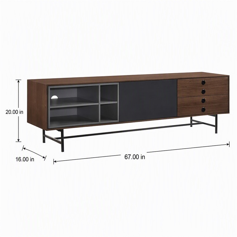 Pemberly Row Mid-Century Wood TV Stand with Drawers and Gray Compartments
