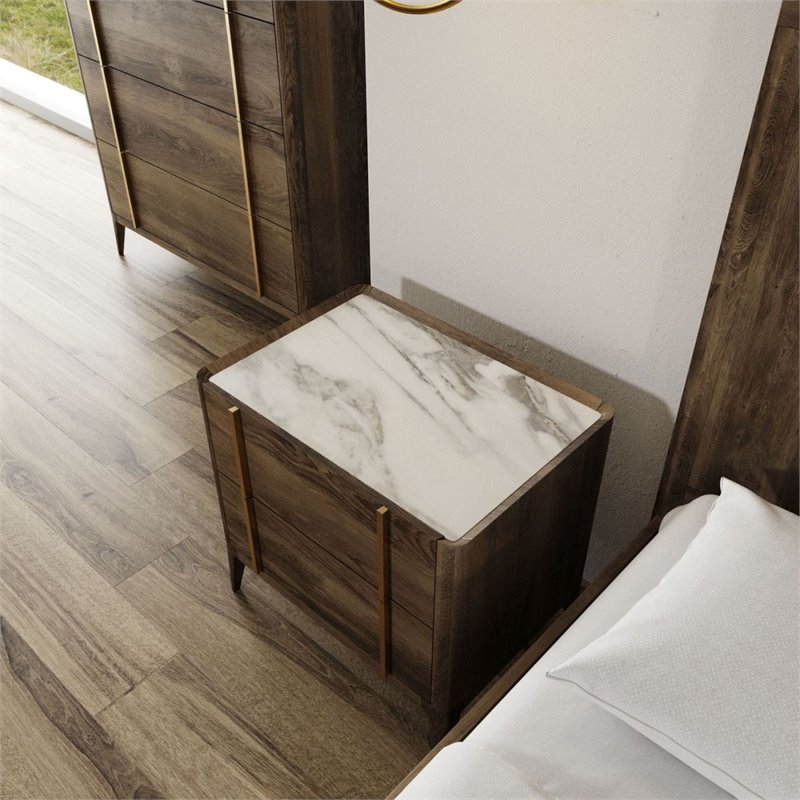 Pemberly Row Mid-Century Nightstand in Dark Brown with White Accents