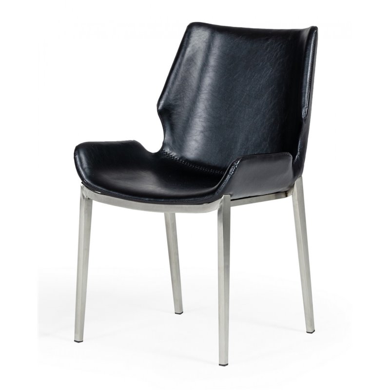 Pemberly Row Set of 2 Black Eco-Leather Dining Chairs with Metal Legs