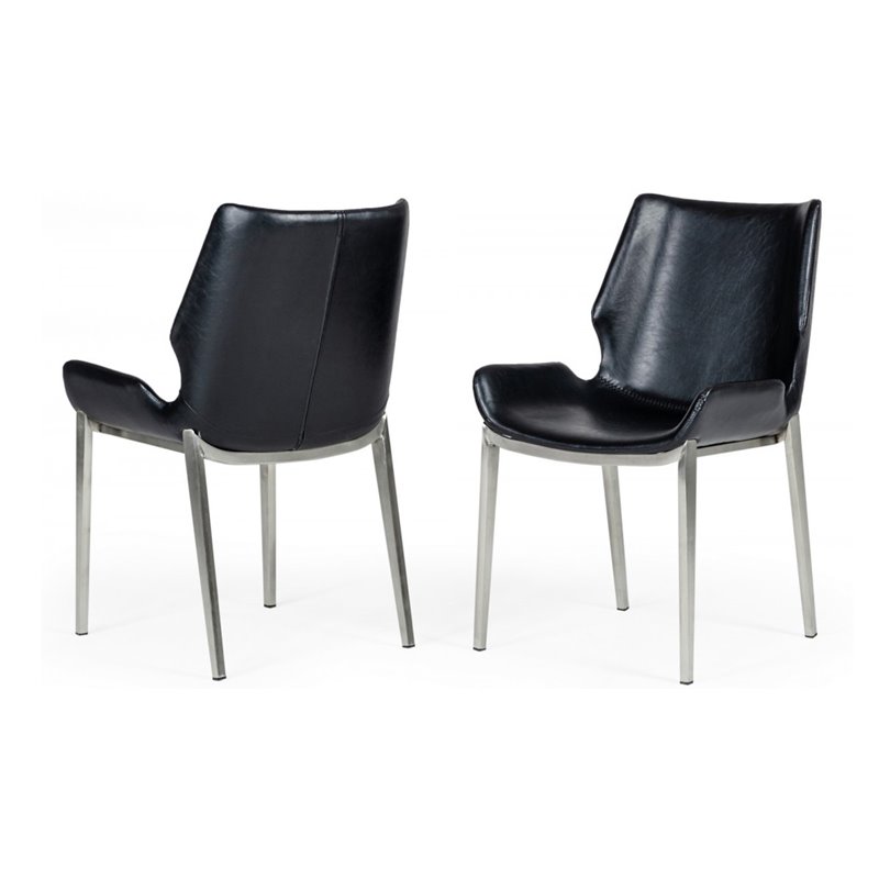 Pemberly Row Set of 2 Black Eco-Leather Dining Chairs with Metal Legs