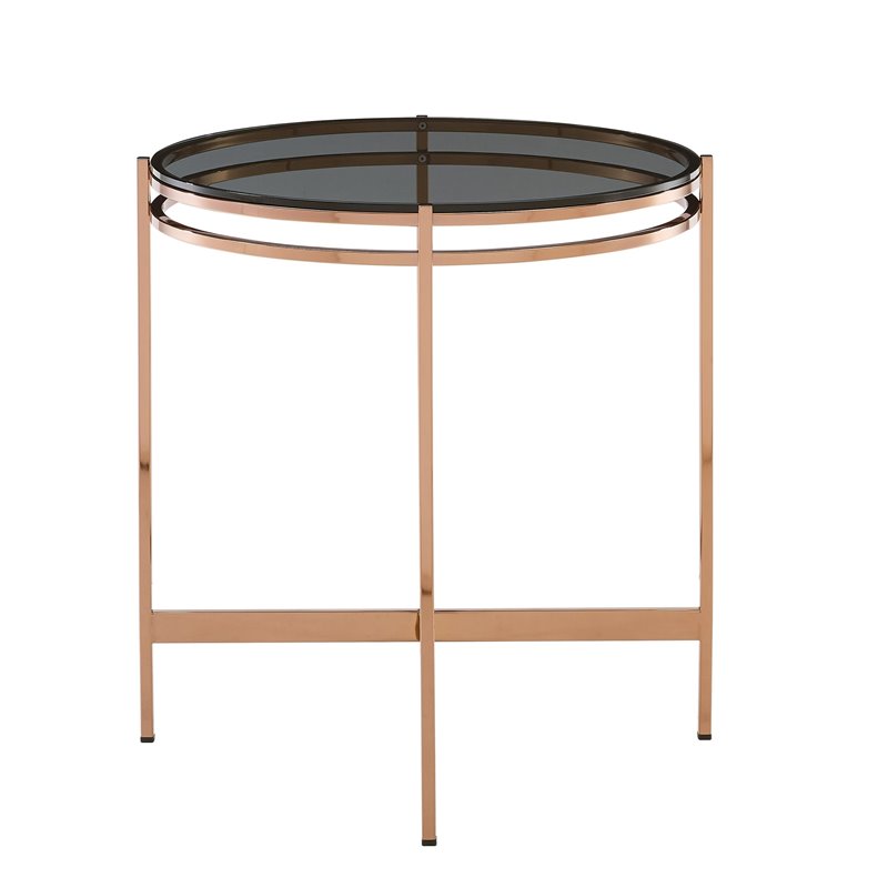 Pemberly Row Bradford Round Metal & Smoked Glass End Table in Rose Gold