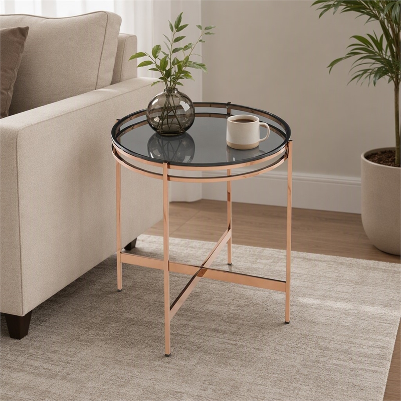 Pemberly Row Bradford Round Metal & Smoked Glass End Table in Rose Gold