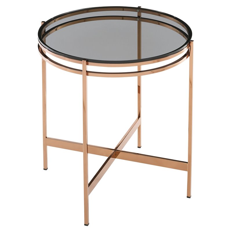 Pemberly Row Bradford Round Metal & Smoked Glass End Table in Rose Gold