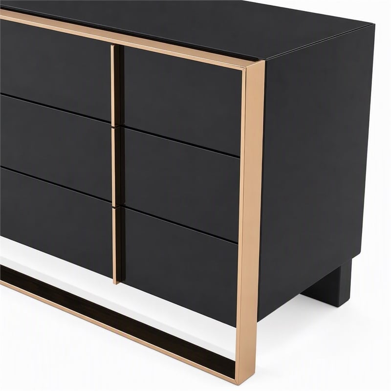 Pemberly Row Cartier MDF Wood and Stainless Steel 6-Drawer Dresser in Black