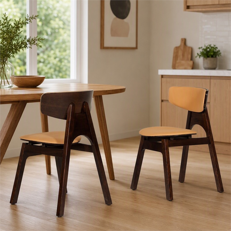 Pemberly Row Faux Leather & Solid Wood Dining Chairs in Brown (Set of 2)