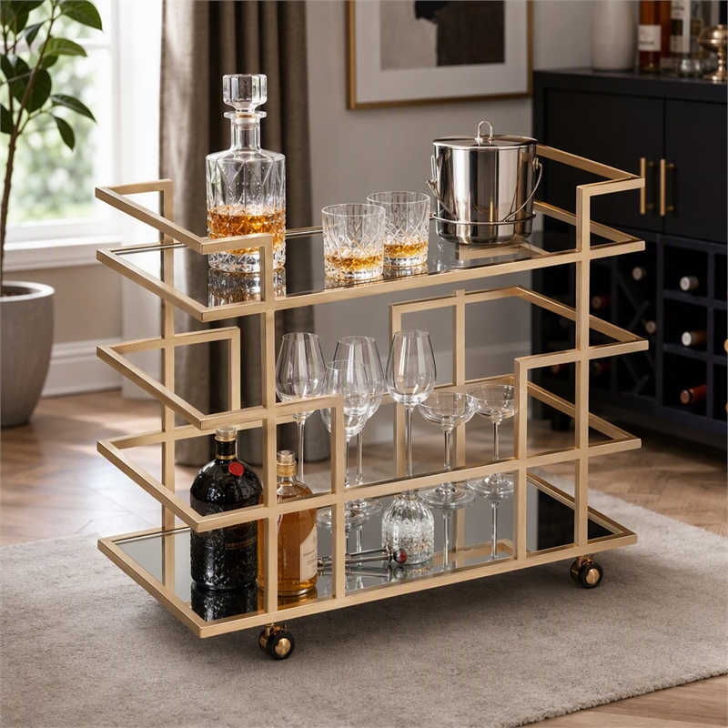 Pemberly Row Art Deco Stainless Steel Bar Cart in Rose Gold with Glass Shelves