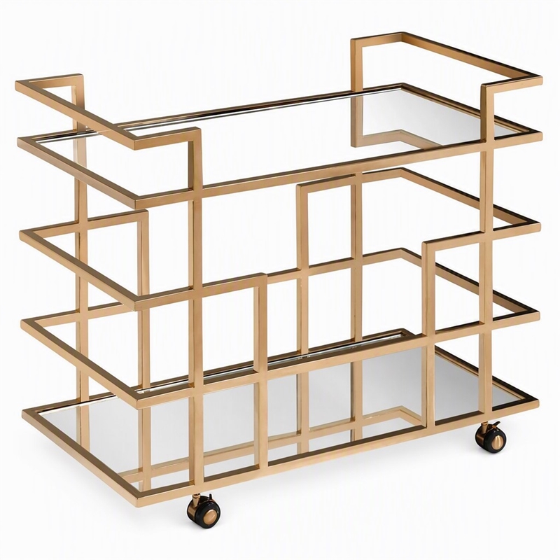 Pemberly Row Art Deco Stainless Steel Bar Cart in Rose Gold with Glass Shelves