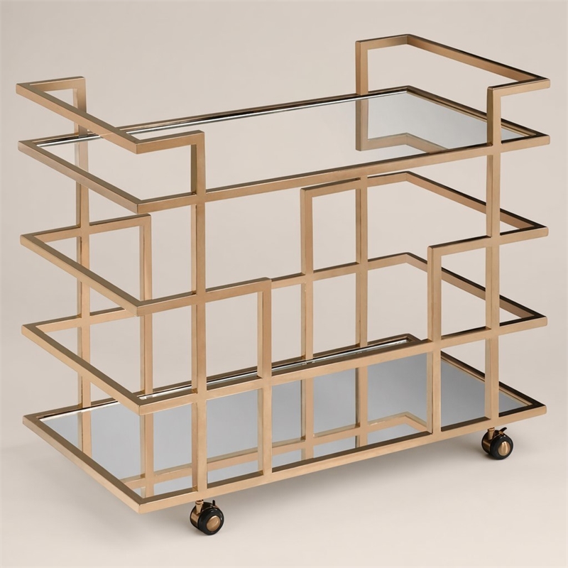 Pemberly Row Art Deco Stainless Steel Bar Cart in Rose Gold with Glass Shelves