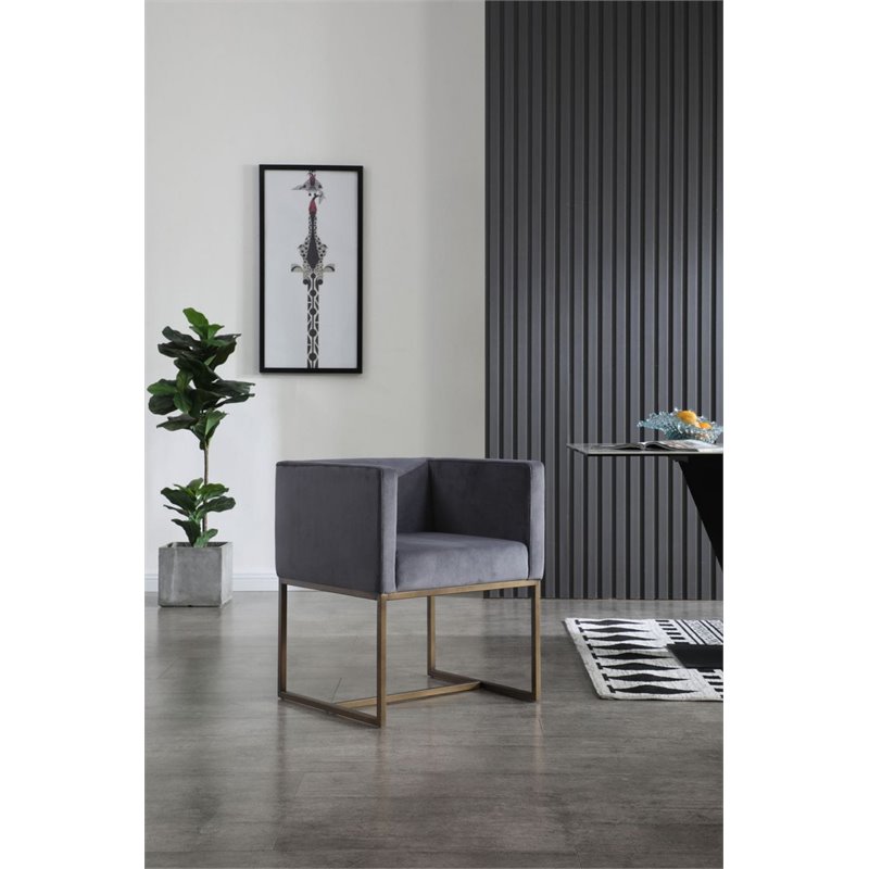 Pemberly Row Velvet Dining Chair with Antique Brass Legs in Dark Gray