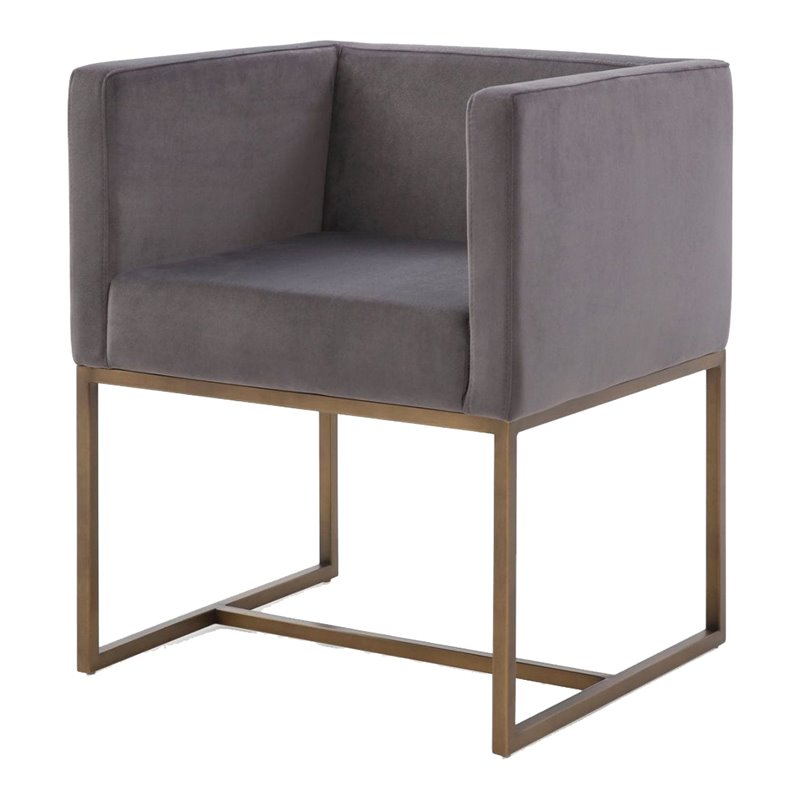 Pemberly Row Velvet Dining Chair with Antique Brass Legs in Dark Gray