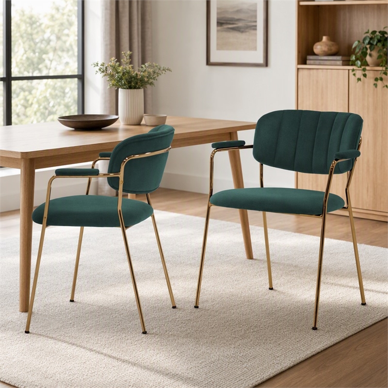 Pemberly Row Set of 2 Velvet Dining Chairs with Stainless Steel Frame in Green