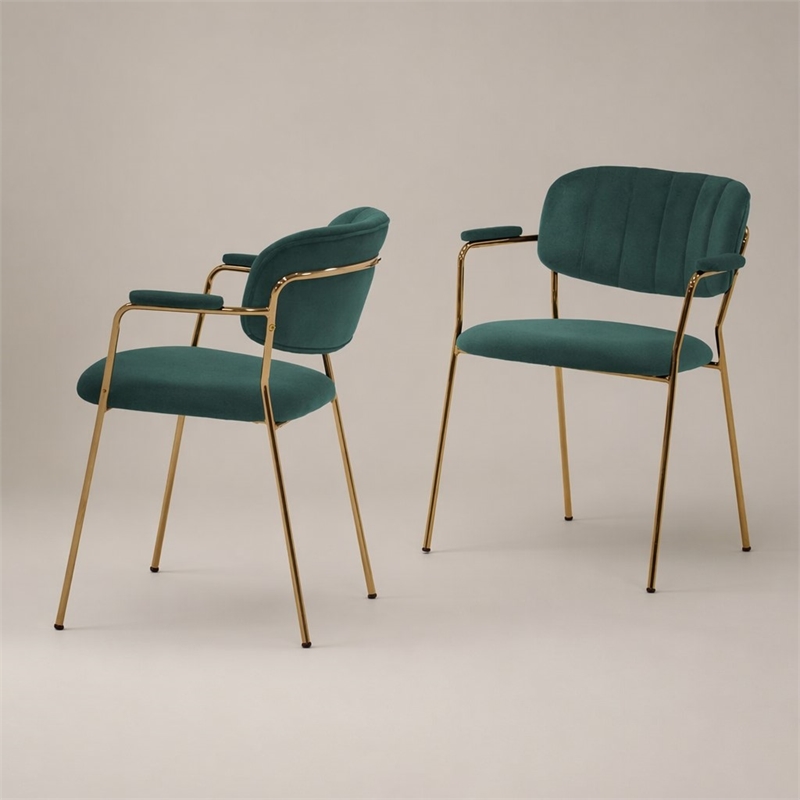 Pemberly Row Set of 2 Velvet Dining Chairs with Stainless Steel Frame in Green