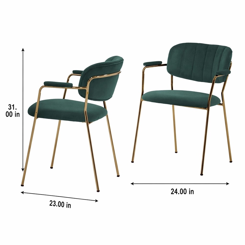 Pemberly Row Set of 2 Velvet Dining Chairs with Stainless Steel Frame in Green