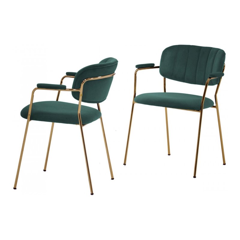 Pemberly Row Set of 2 Velvet Dining Chairs with Stainless Steel Frame in Green