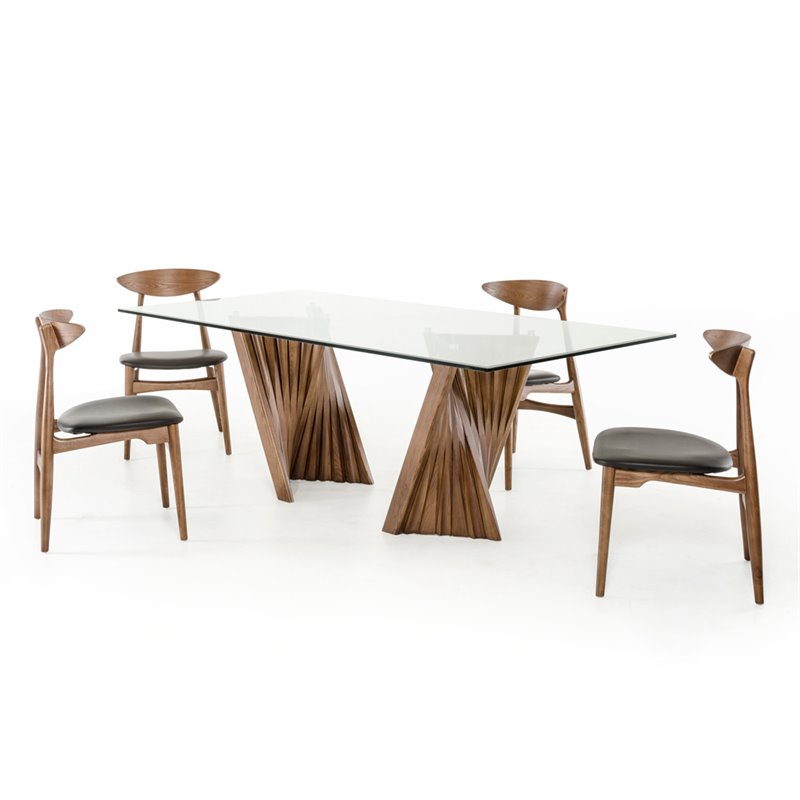 Pemberly Row Rectangular Mid-Century Glass Dining Table in Walnut Finish