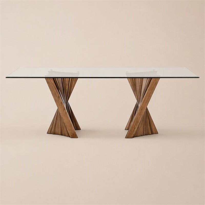 Pemberly Row Rectangular Mid-Century Glass Dining Table in Walnut Finish
