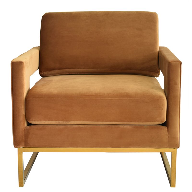 Pemberly Row Velvet Stainless Steel Accent Chair in Camel Brown and Gold