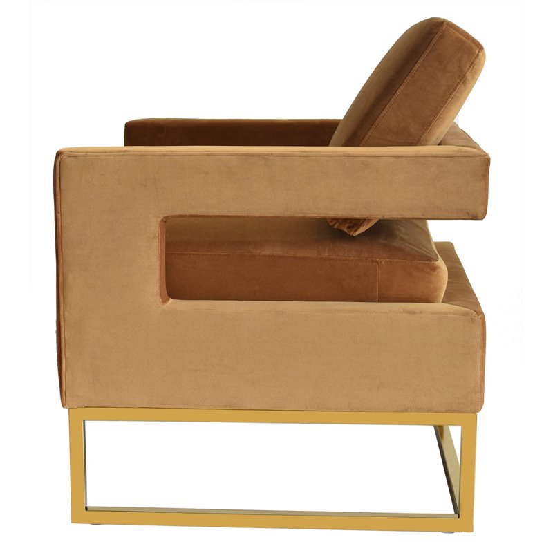 Pemberly Row Velvet Stainless Steel Accent Chair in Camel Brown and Gold