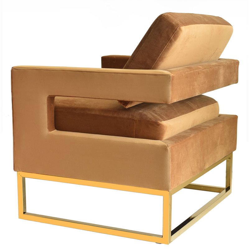 Pemberly Row Velvet Stainless Steel Accent Chair in Camel Brown and Gold