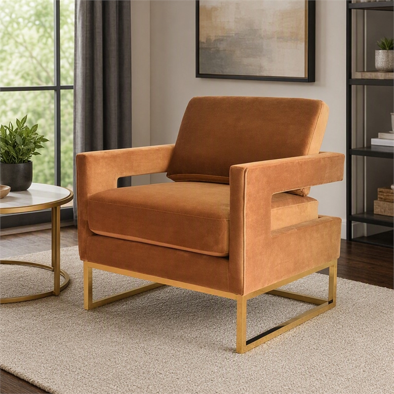 Pemberly Row Velvet Stainless Steel Accent Chair in Camel Brown and Gold