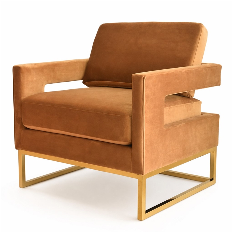 Pemberly Row Velvet Stainless Steel Accent Chair in Camel Brown and Gold