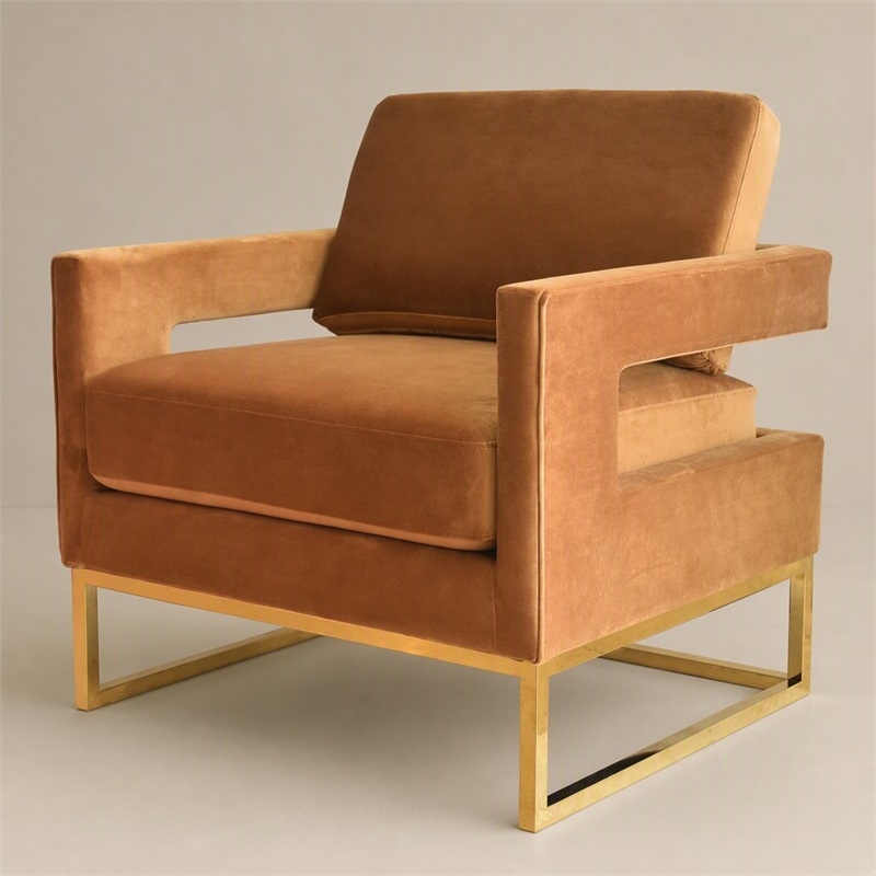 Pemberly Row Velvet Stainless Steel Accent Chair in Camel Brown and Gold