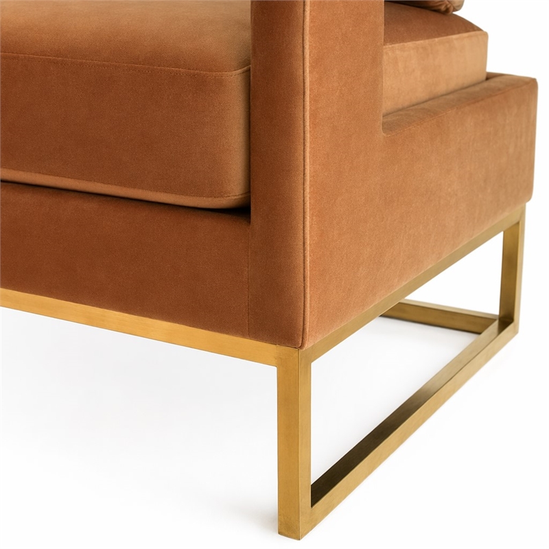 Pemberly Row Velvet Stainless Steel Accent Chair in Camel Brown and Gold