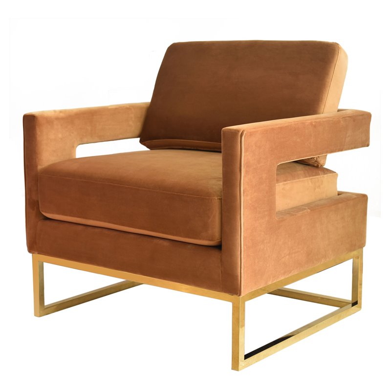 Pemberly Row Velvet Stainless Steel Accent Chair in Camel Brown and Gold