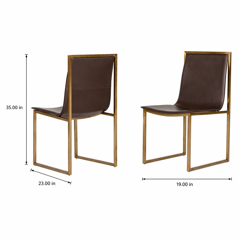 Pemberly Row Set of 2 Modern Steel and Faux Leather Dining Chairs in Brown