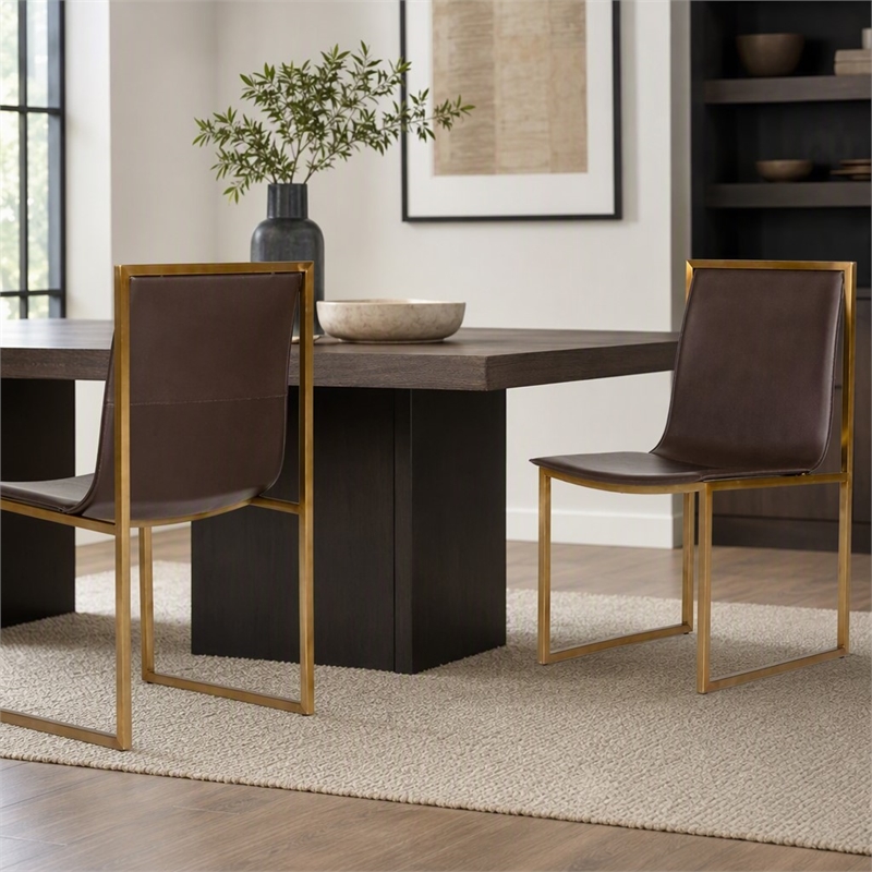 Pemberly Row Set of 2 Modern Steel and Faux Leather Dining Chairs in Brown