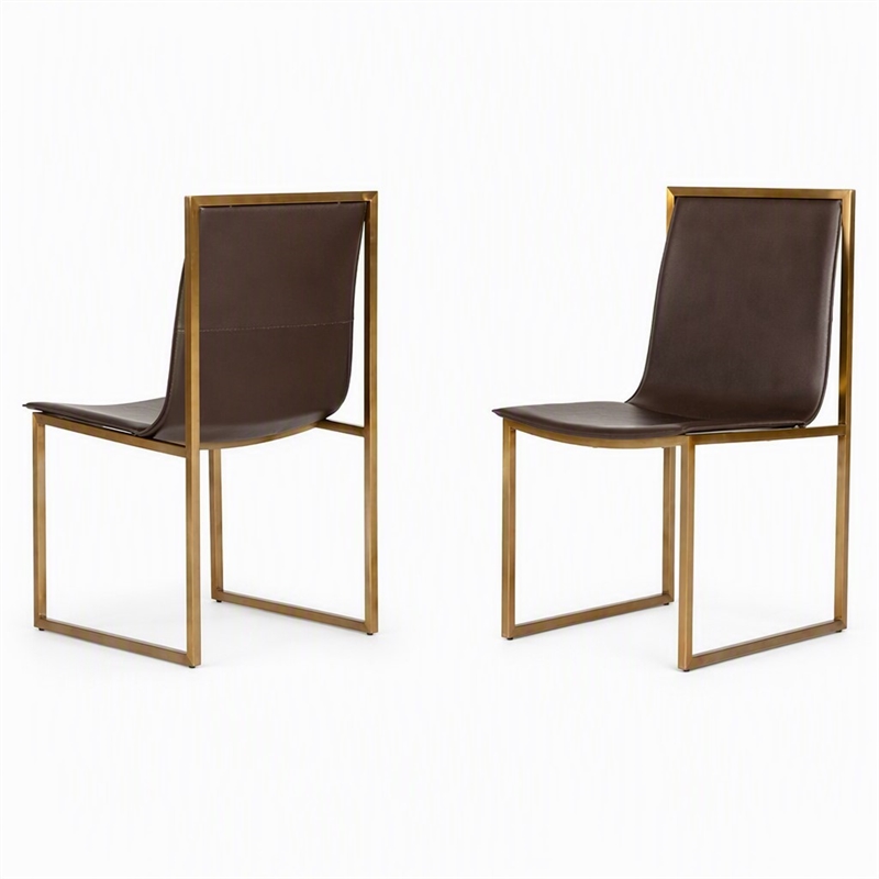 Pemberly Row Set of 2 Modern Steel and Faux Leather Dining Chairs in Brown