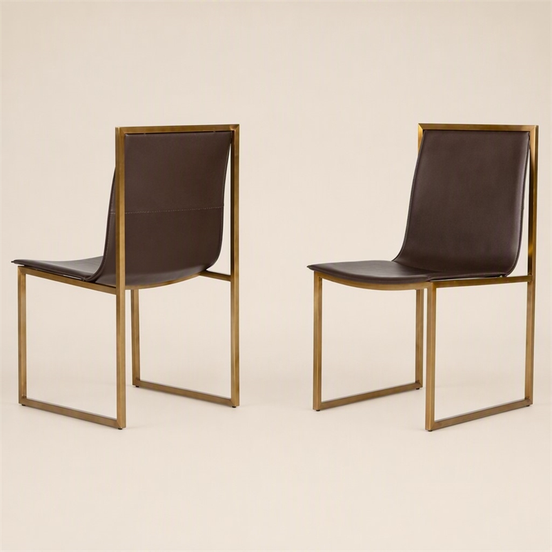 Pemberly Row Set of 2 Modern Steel and Faux Leather Dining Chairs in Brown