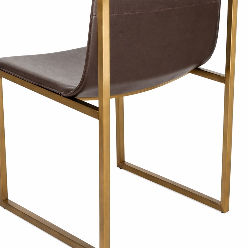Pemberly Row Set of 2 Modern Steel and Faux Leather Dining Chairs in Brown